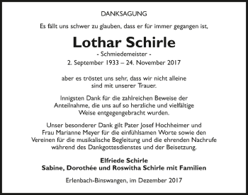 Traueranzeige von Lothar Schirle 