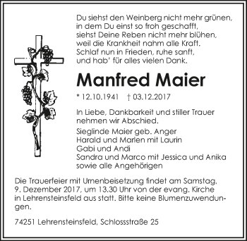 Traueranzeige von Manfred Maier 
