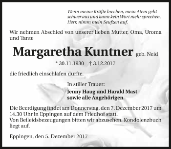 Traueranzeige von Margaretha Kuntner 