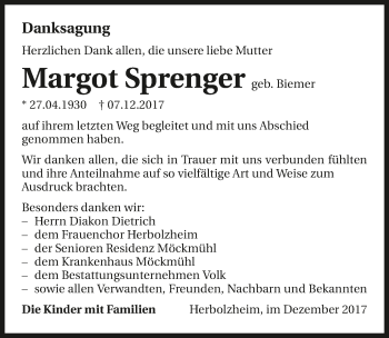 Traueranzeige von Margot Sprenger 
