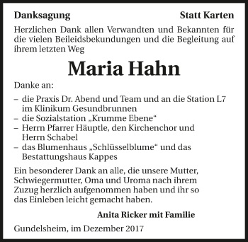 Traueranzeige von Maria Hahn 