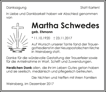 Traueranzeige von Martha Schwedes 