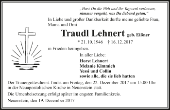 Traueranzeige von Traudl Lehnert 