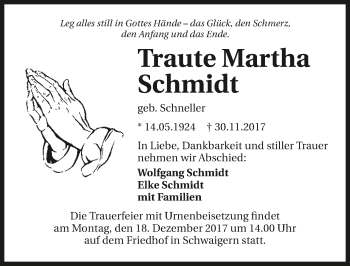 Traueranzeige von Traute Martha Schmidt 