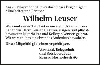 Traueranzeige von Wilhelm Leuser 