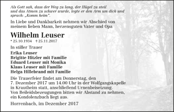 Traueranzeige von Wilhelm Leuser 