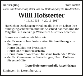 Traueranzeige von Willi Hofstetter 