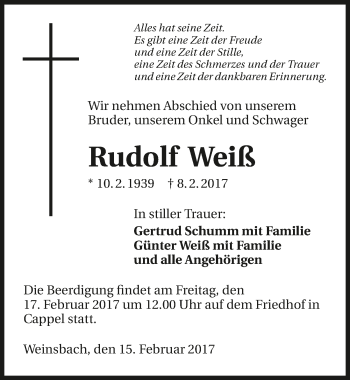 Traueranzeige von Rudolf Weiß 