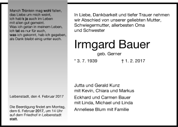 Traueranzeige von Irmgard Bauer 