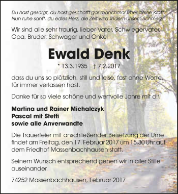 Traueranzeige von Ewald Denk 