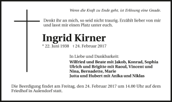 Traueranzeige von Ingrid Kirner 