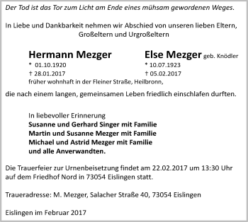 Traueranzeige von Hermann/Else Mezger 