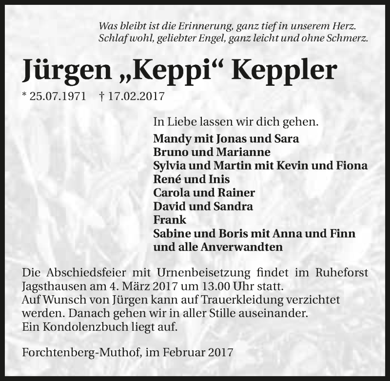  Traueranzeige für Jürgen Keppler vom 25.02.2017 aus 