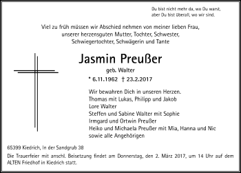 Traueranzeige von Jasmin Preußer 