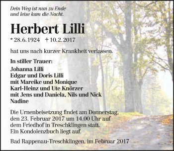 Traueranzeige von Herbert Lilli 