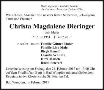 Traueranzeige von Christa Magdalene Dieringer 