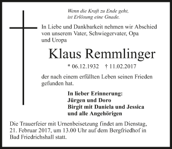 Traueranzeige von Klaus Remmlinger 