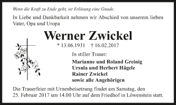 Traueranzeige von Werner Zwickel 