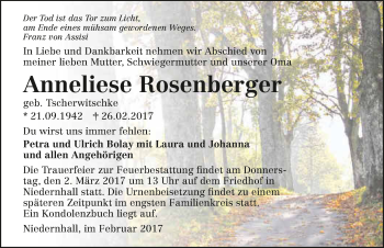 Traueranzeige von Anneliese Rosenberger 