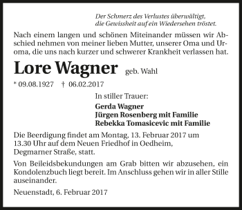 Traueranzeige von Lore Wagner 