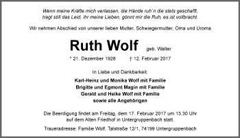 Traueranzeige von Ruth Wolf 