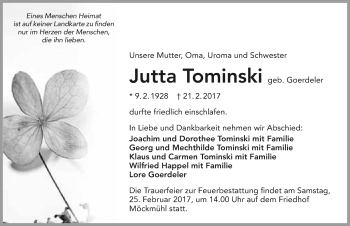 Traueranzeige von Jutta Tominski 