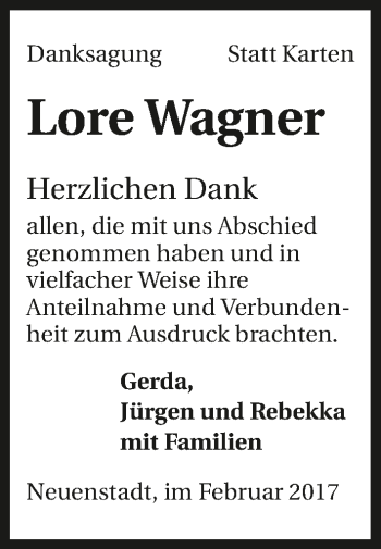 Traueranzeige von Lore Wagner 