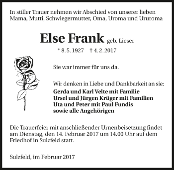 Traueranzeige von Else Frank 