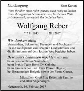 Traueranzeige von Wolfgang Reber 