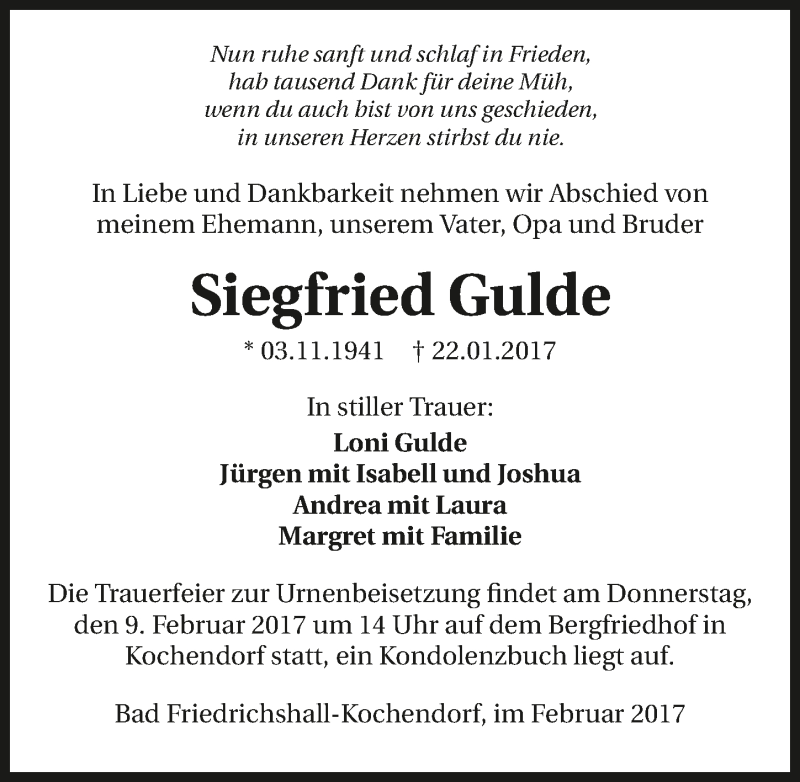  Traueranzeige für Siegfried Gulde vom 06.02.2017 aus 