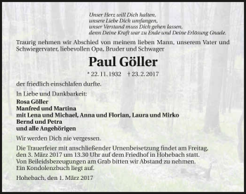 Traueranzeige von Paul Göller 