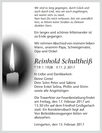 Traueranzeige von Reinhold Schultheiß 