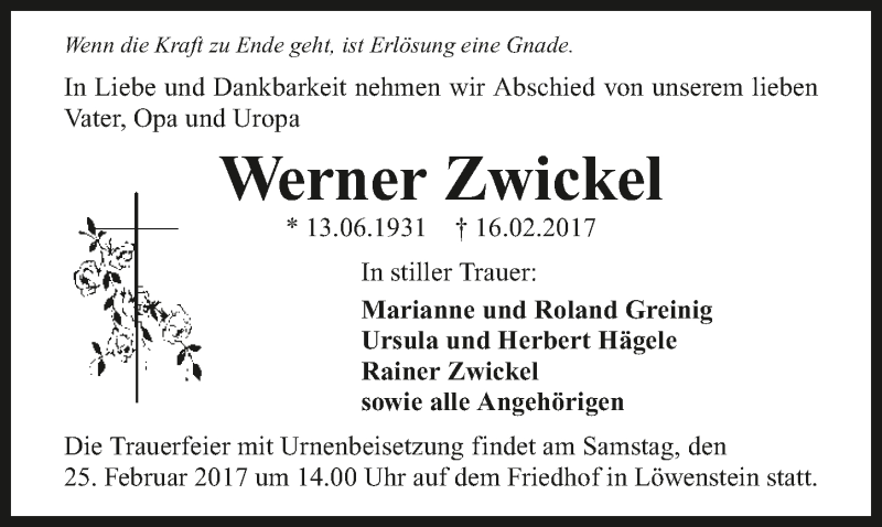  Traueranzeige für Werner Zwickel vom 21.02.2017 aus 