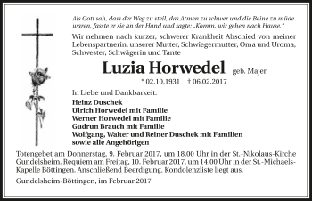 Traueranzeige von Luzia Horwedel 