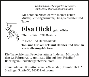 Traueranzeige von Elsa Hickl 