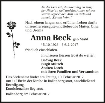 Traueranzeige von Anna Beck 