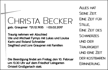 Traueranzeige von Christa Becker 