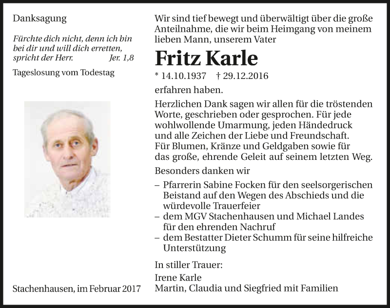  Traueranzeige für Fritz Karle vom 17.02.2017 aus 