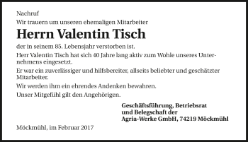 Traueranzeige von Valentin Tisch 