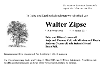 Traueranzeige von Walter Zipse 