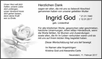 Traueranzeige von Ingrid God 