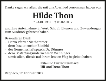 Traueranzeige von Hilde Thon 