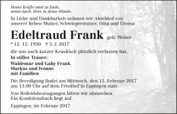 Traueranzeige von Edeltraud Frank 