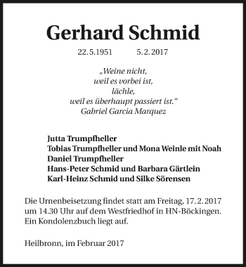 Traueranzeige von Gerhard Schmid 