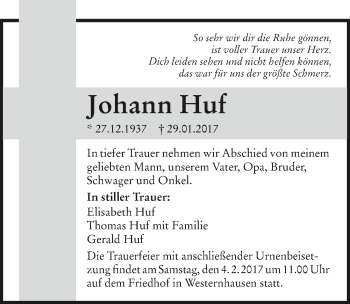 Traueranzeige von Johann Huf 