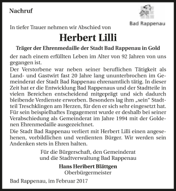 Traueranzeige von Herbert Lilli 