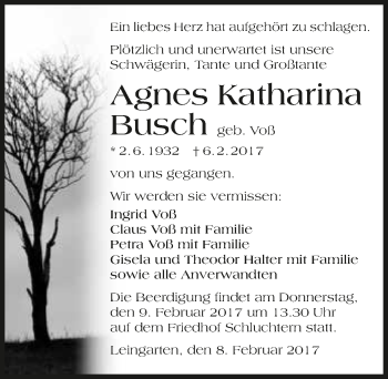Traueranzeige von Agnes Katharina Busch 