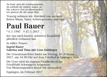 Traueranzeige von Paul Bauer 