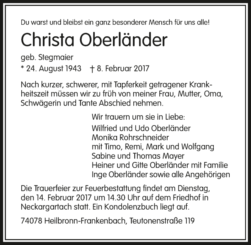  Traueranzeige für Christa Oberländer vom 11.02.2017 aus 