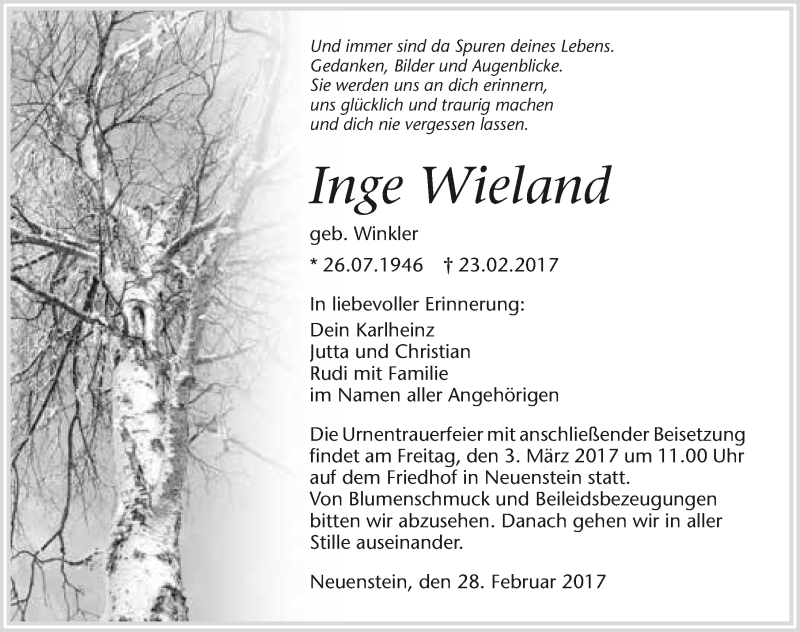  Traueranzeige für Inge Wieland vom 28.02.2017 aus 